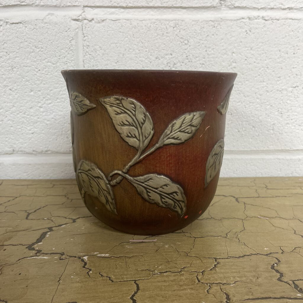 VINTAGE CERAMIC PLANTER BROWN WITH GOLD LEAF