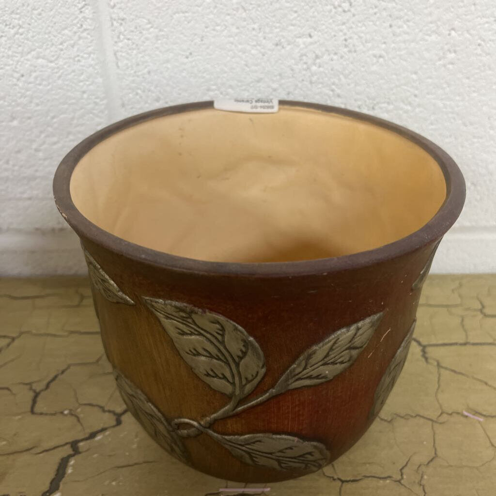 VINTAGE CERAMIC PLANTER BROWN WITH GOLD LEAF