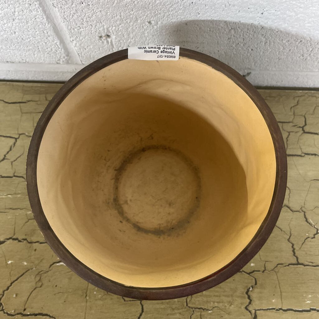 VINTAGE CERAMIC PLANTER BROWN WITH GOLD LEAF