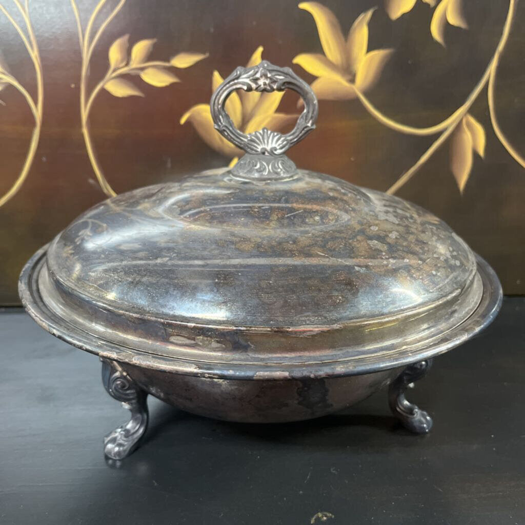 SILVER COVERED SERVING DISH WITH PYREX