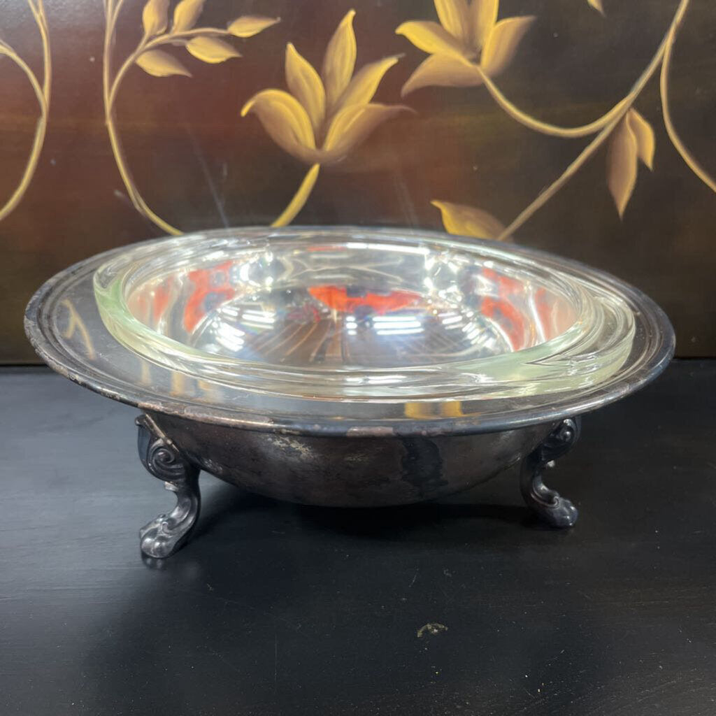 SILVER COVERED SERVING DISH WITH PYREX