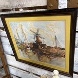 PRINT, FRAMED/MATTED, VTG DUTCH, SAILBOATS ,WINDMILL