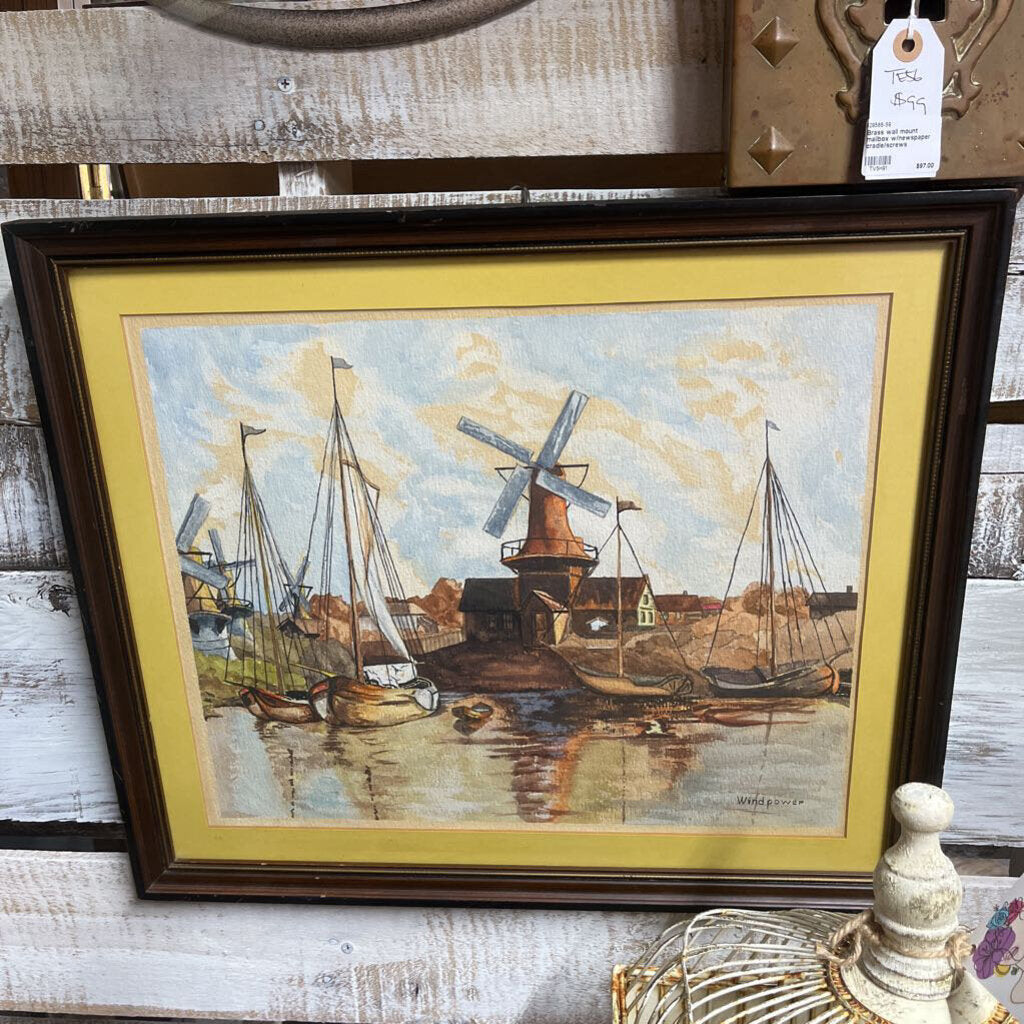 PRINT, FRAMED/MATTED, VTG DUTCH, SAILBOATS ,WINDMILL