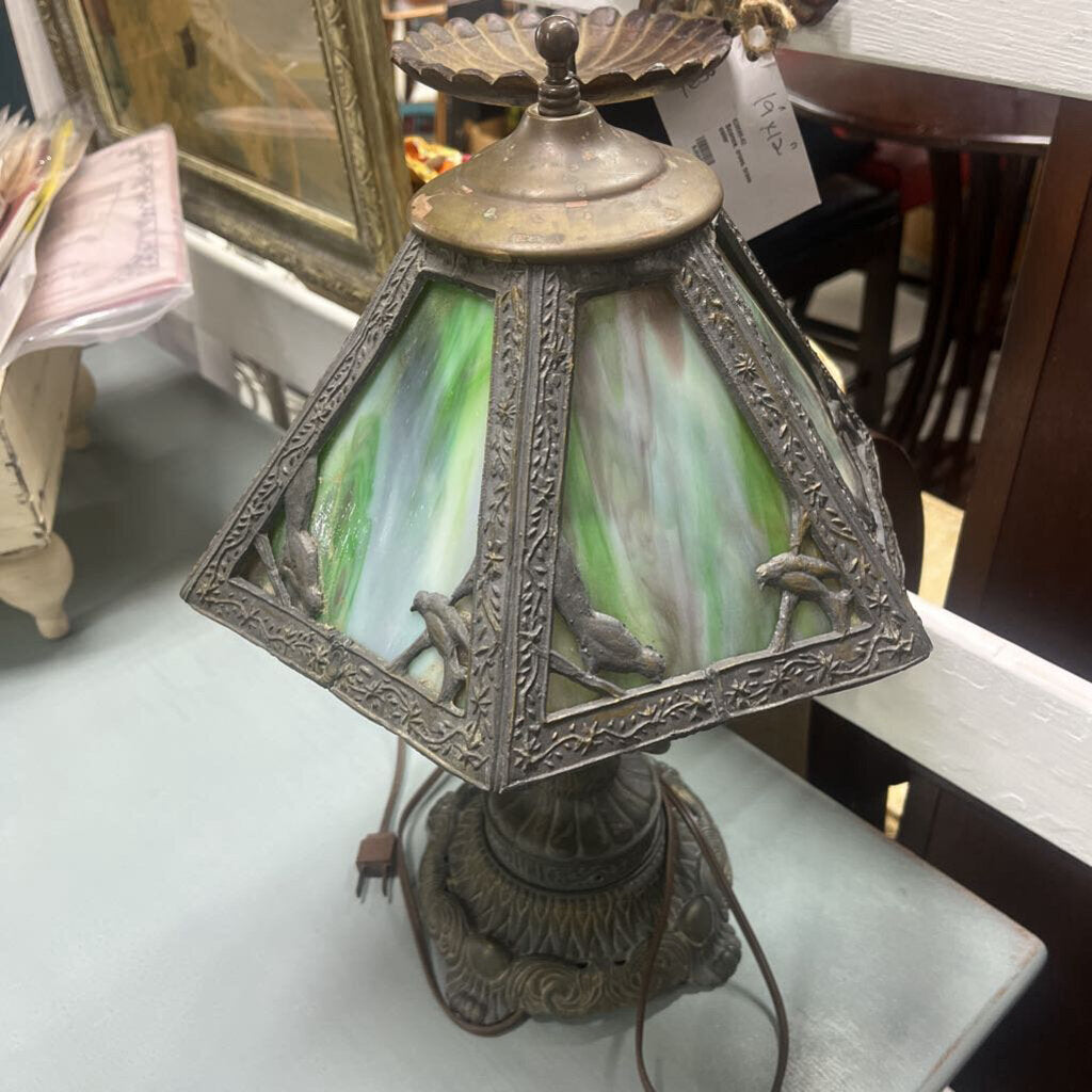 LAMP, VINTAGE BRONZE ART DECO GREEN SWAG GLASS