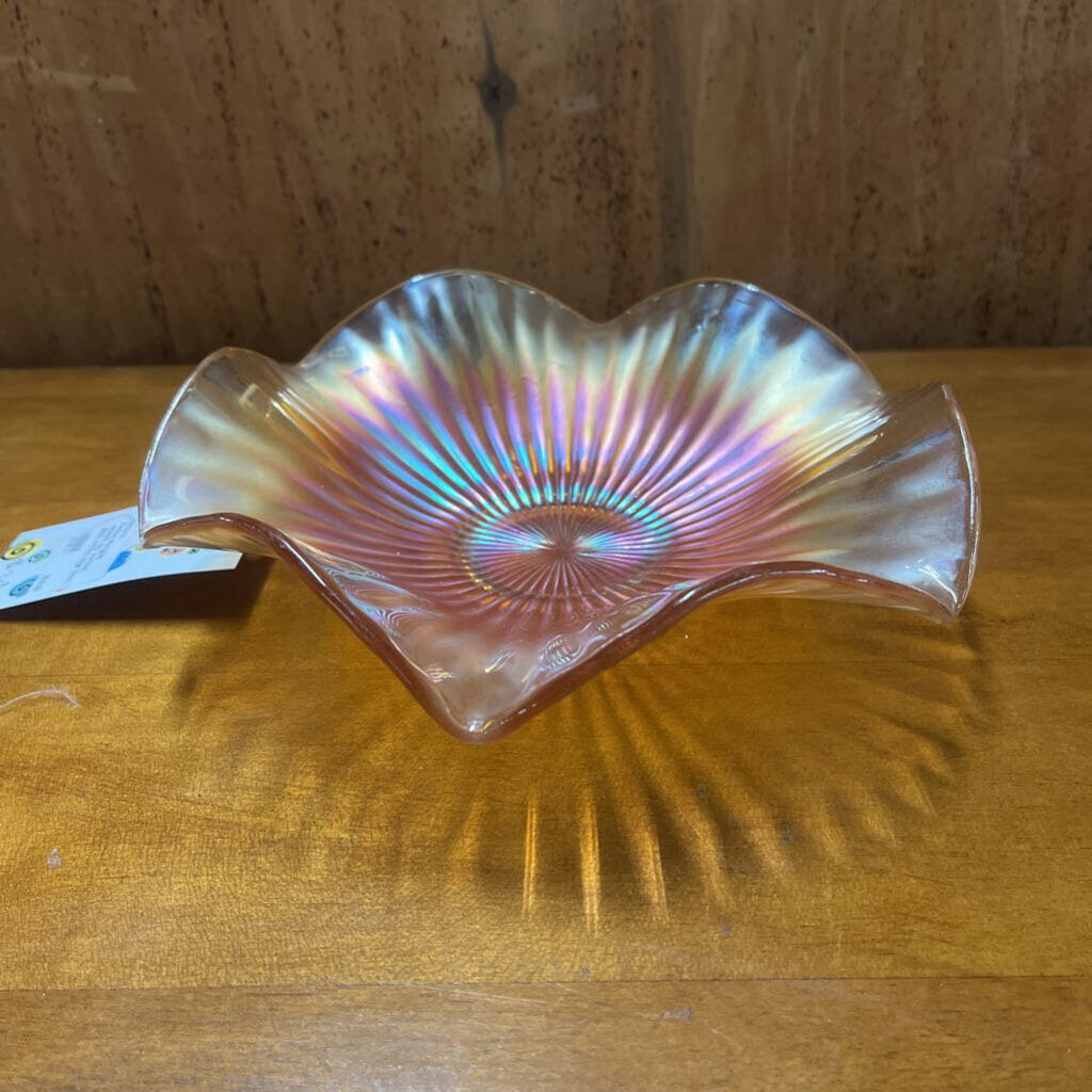 FENTON MARIGOLD SMOOTH RAY CARNIVAL GLASS RUFFLED EDGE BOWL