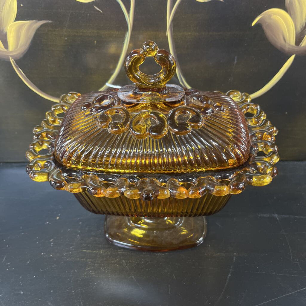 CANDY DISH, VINTAGE AMBER INDIANA GLASS