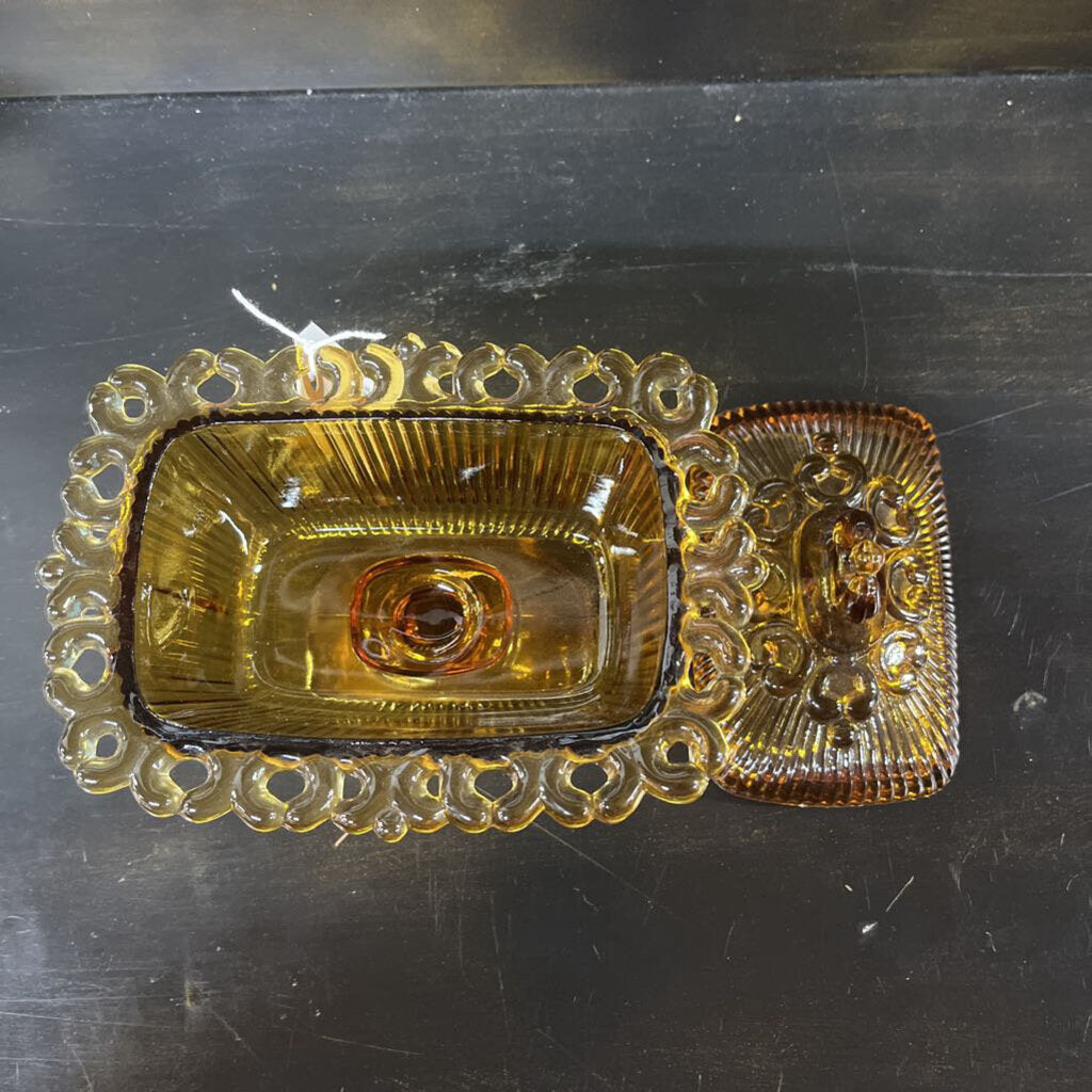 CANDY DISH, VINTAGE AMBER INDIANA GLASS
