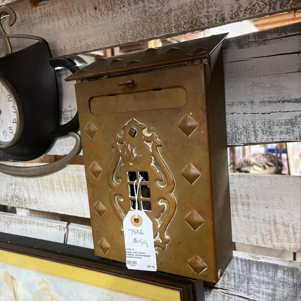 BRASS WALL MOUNT MAILBOX W/NEWSPAPER CRADLE/SCREWS