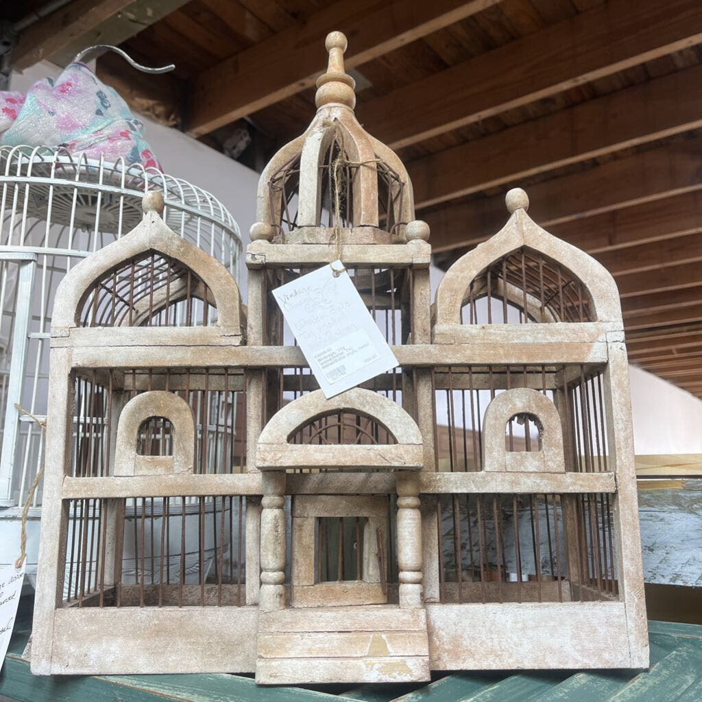 BIRDCAGE, VTG WOOD/METAL, TAJ MAHAL/BOHO STYLE, METAL TRAY