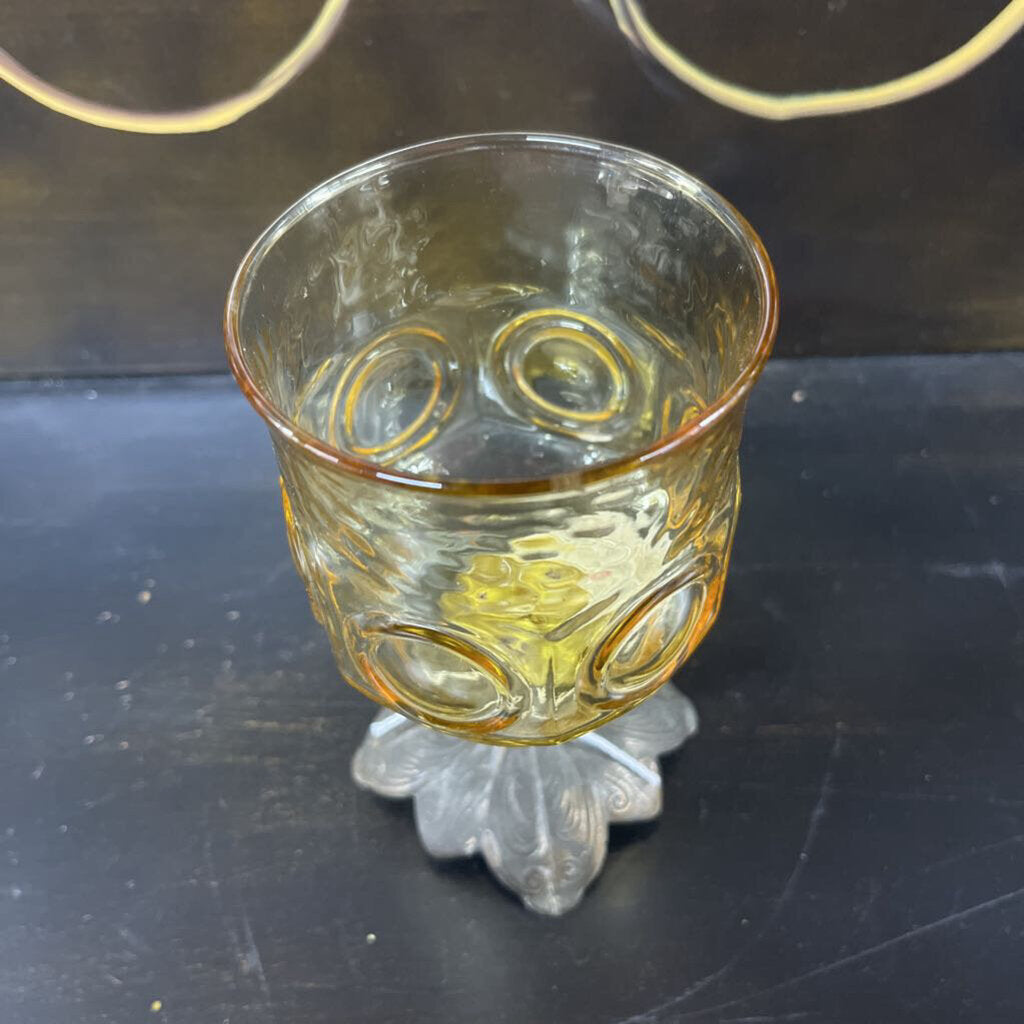 CANDLE HOLDER, VTG AMBER GLASS W/METAL BASE