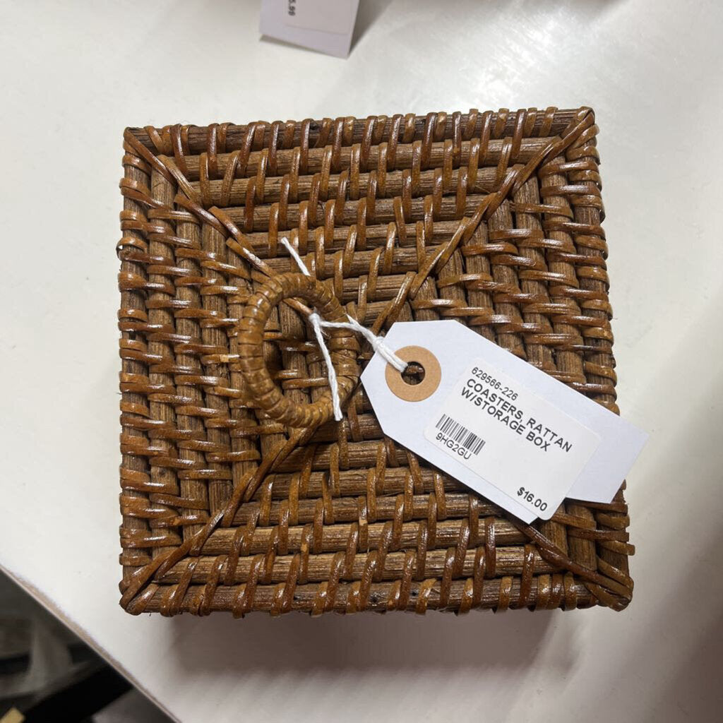 COASTERS, RATTAN W/STORAGE BOX