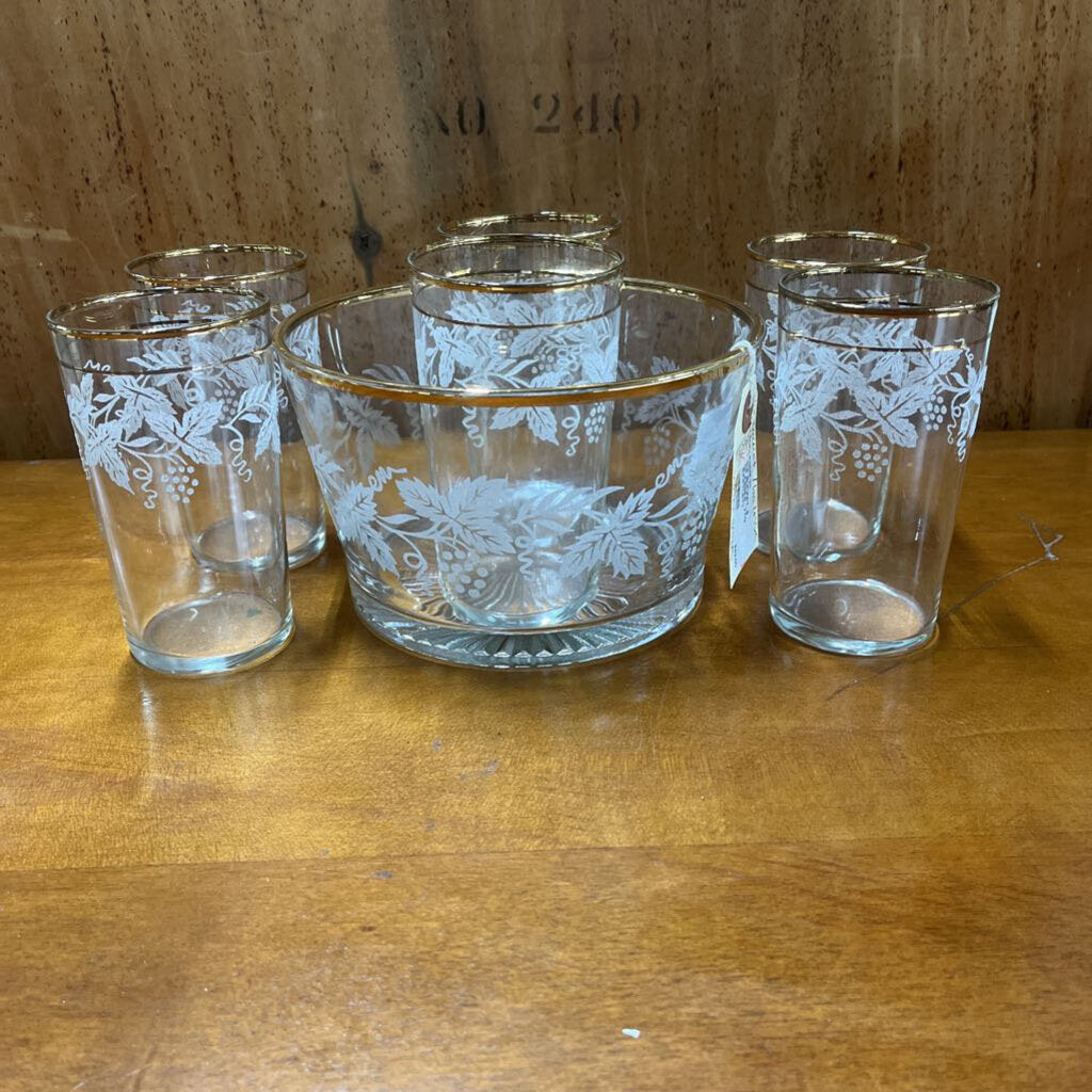 ICE BUCKET, 6 GLASSES, VTG BARTLETT GLASS/GOLD RIM