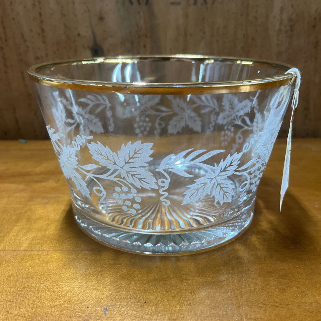 ICE BUCKET, 6 GLASSES, VTG BARTLETT GLASS/GOLD RIM