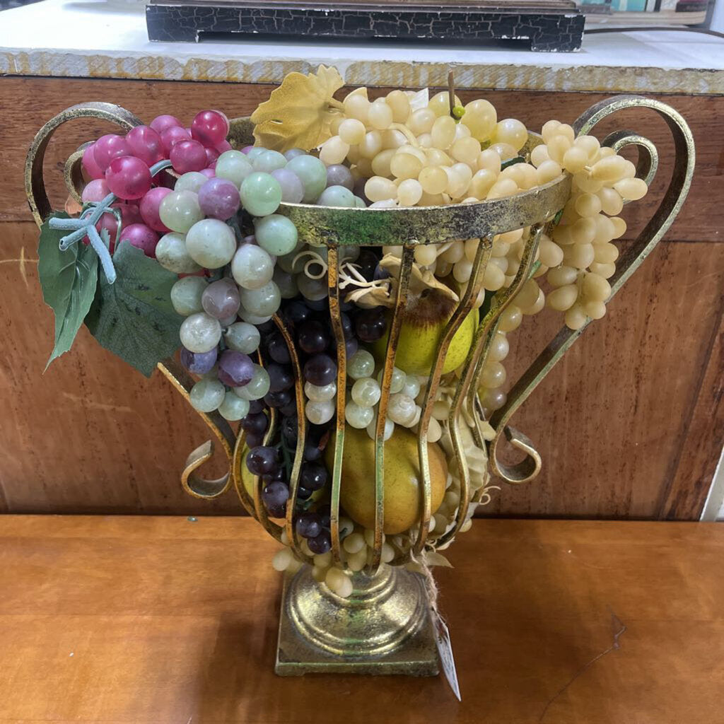 VASE, GOLD METAL DECOR W/ VINTAGE GRAPES/FRUITS