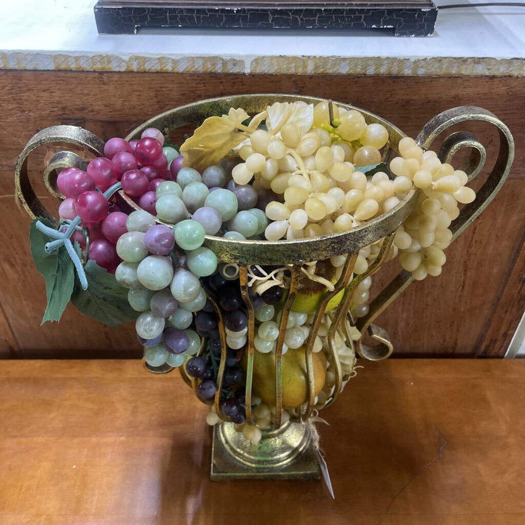 VASE, GOLD METAL DECOR W/ VINTAGE GRAPES/FRUITS