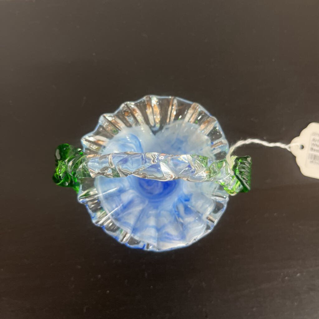 Art Glass Bue & White Mini Ruffle Basket
