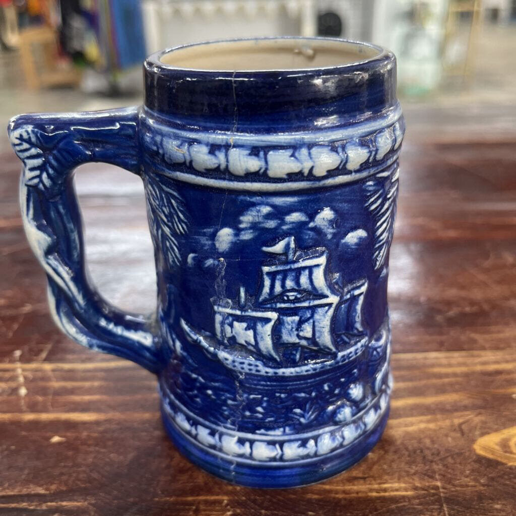 VINTAGE BLUE CERAMIC MUG STEIN BAHAMA ISLANDS BAHAMAS RARE RELIEF ART SAILING
