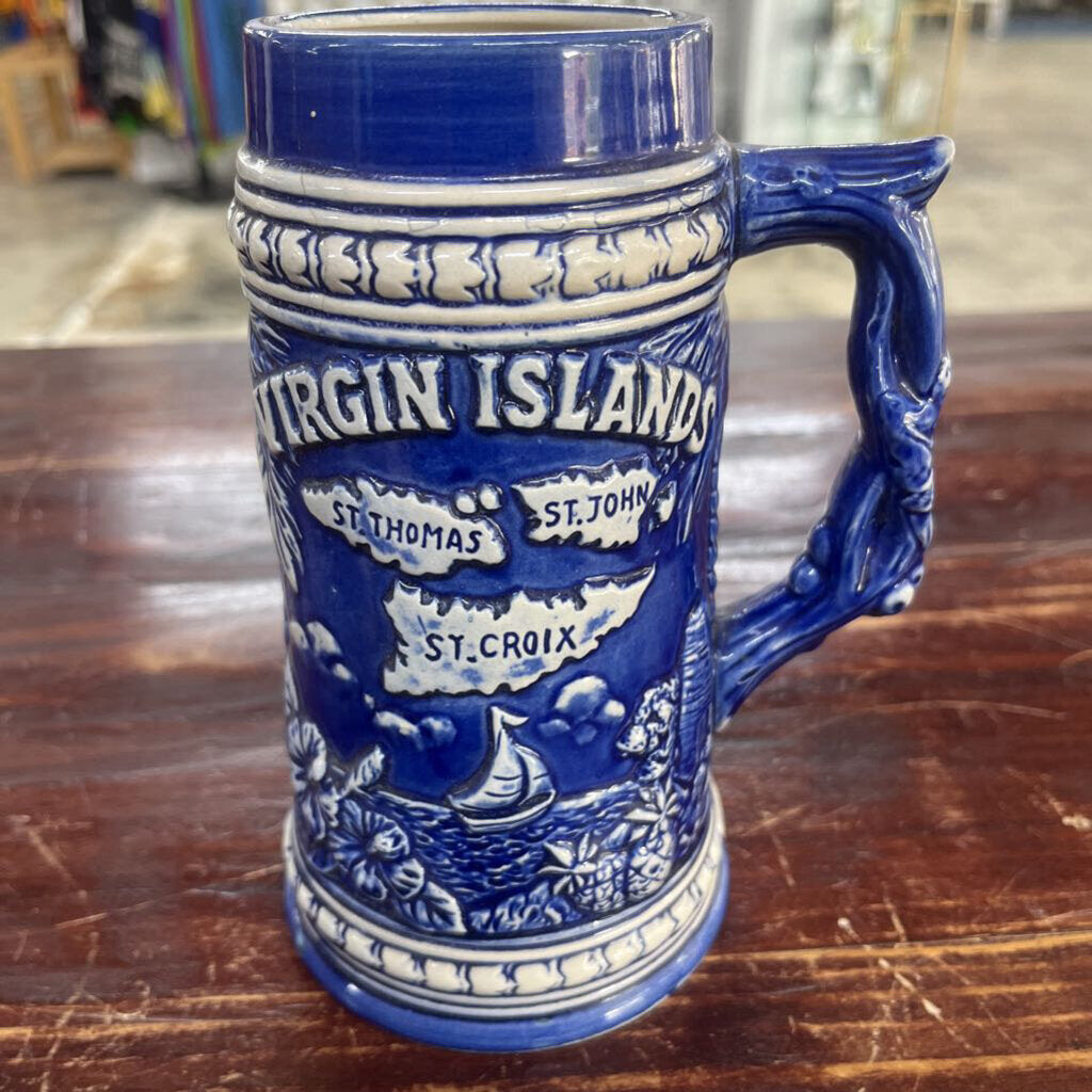 VINTAGE BLUE CERAMIC MUG STEIN VIRGIN ISLAND RARE RELIEF ART SAILING
