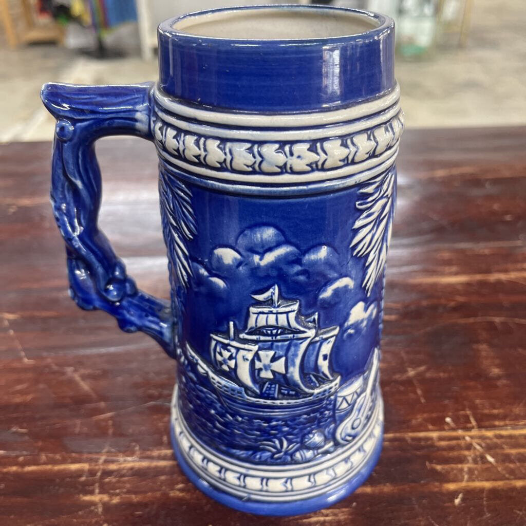 VINTAGE BLUE CERAMIC MUG STEIN VIRGIN ISLAND RARE RELIEF ART SAILING