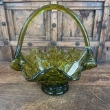 MID CENTURY GREEN ART GLASS THUMBPRINT BASKET