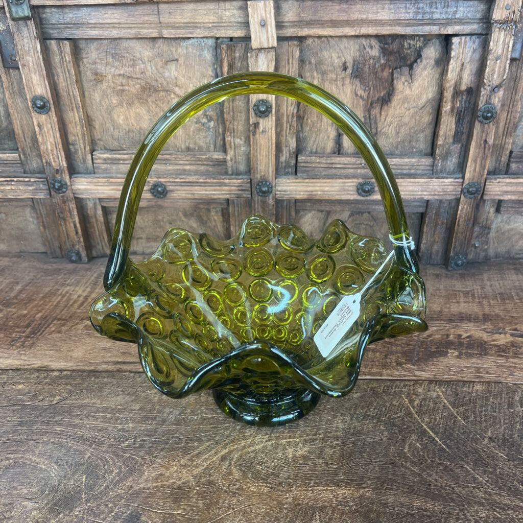 MID CENTURY GREEN ART GLASS THUMBPRINT BASKET