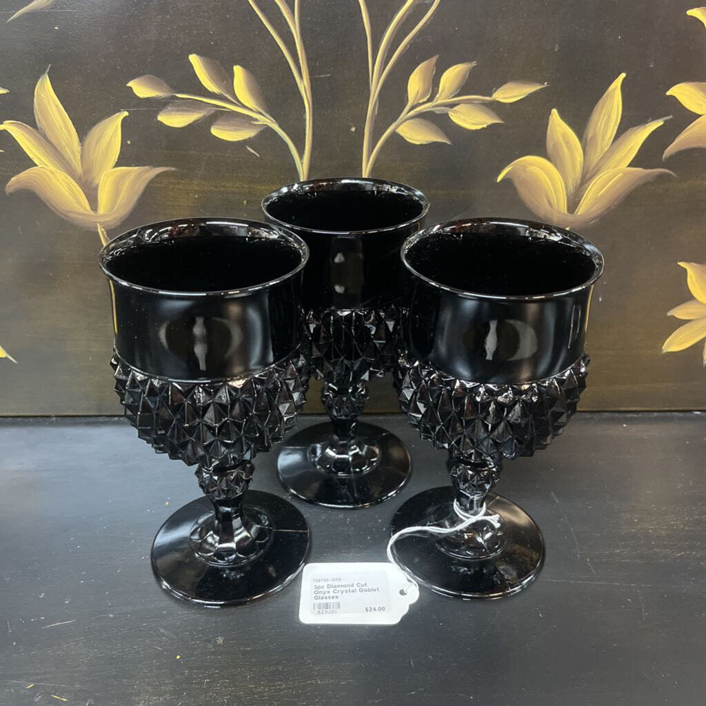 3PC DIAMOND CUT ONYX CRYSTAL GOBLET GLASSES