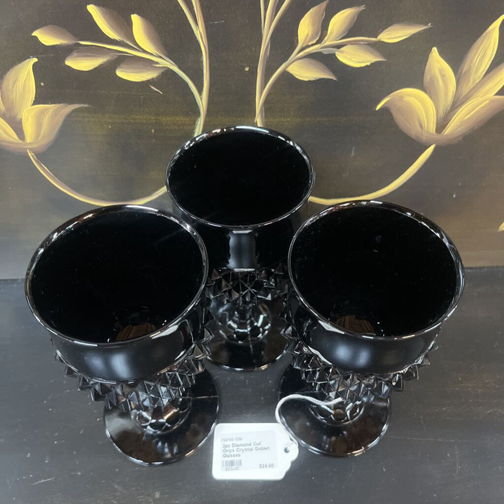 3PC DIAMOND CUT ONYX CRYSTAL GOBLET GLASSES
