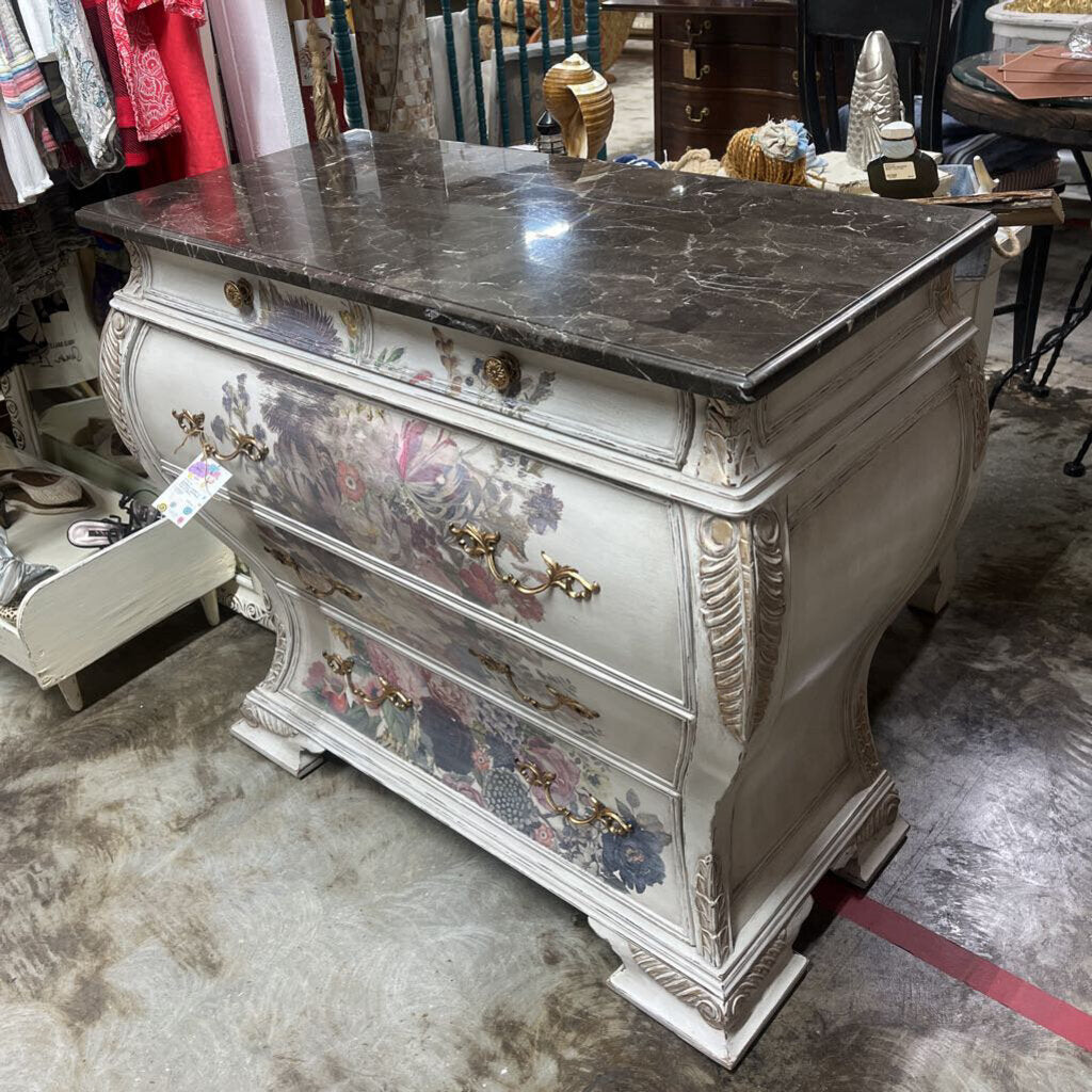 BOMBAY CHEST, 4 DRAWER, MARBLE TOP, FLORAL