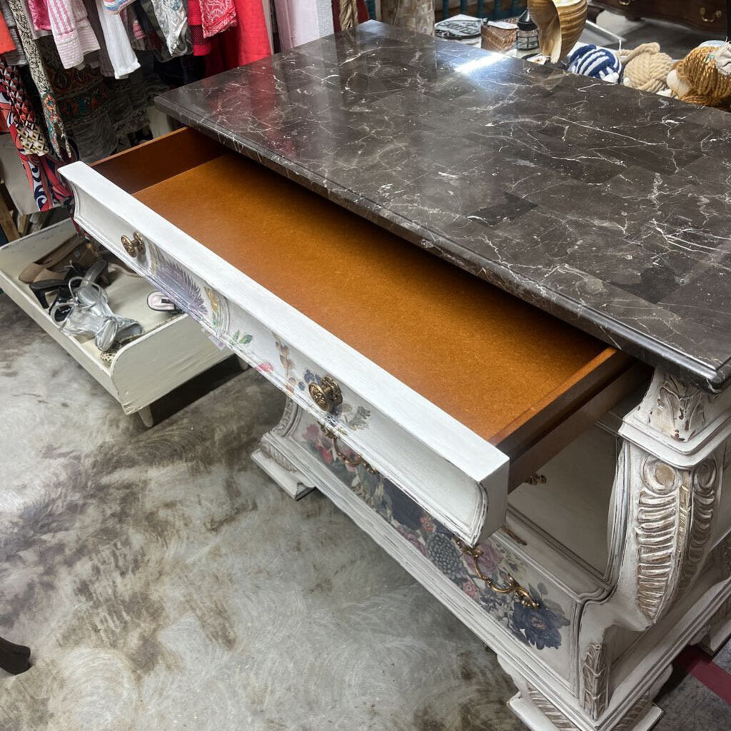 BOMBAY CHEST, 4 DRAWER, MARBLE TOP, FLORAL