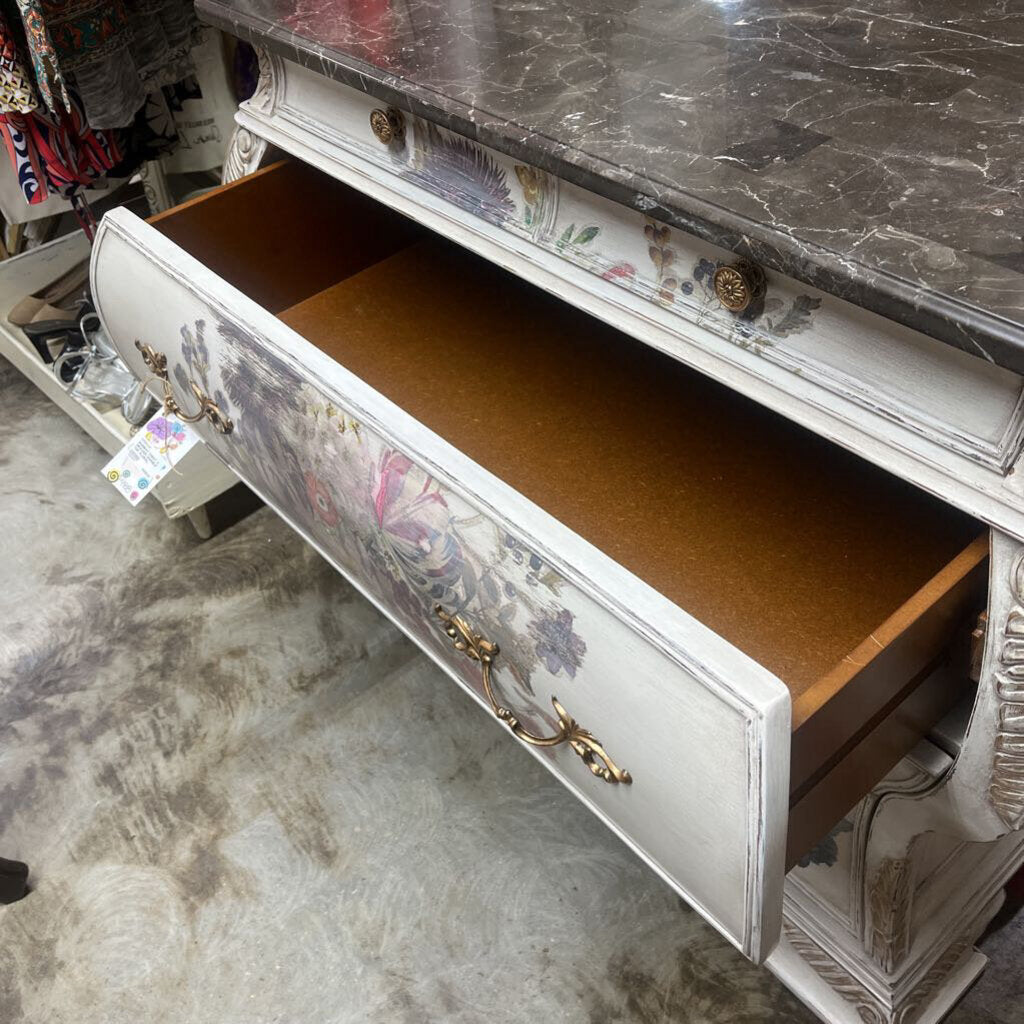BOMBAY CHEST, 4 DRAWER, MARBLE TOP, FLORAL