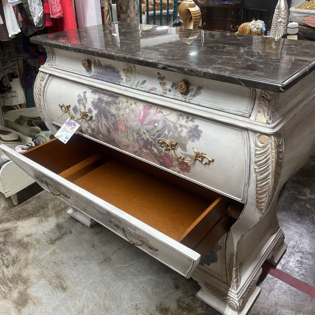BOMBAY CHEST, 4 DRAWER, MARBLE TOP, FLORAL