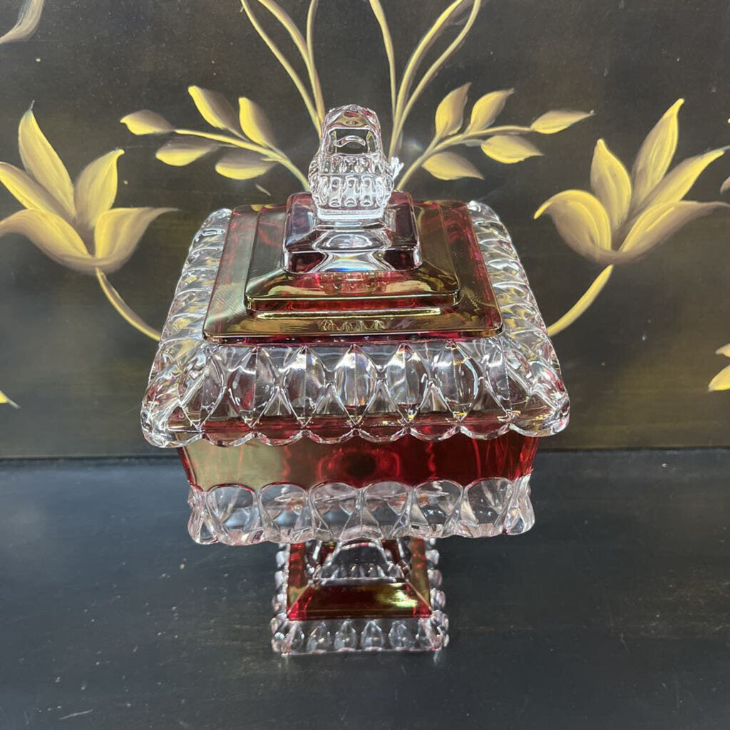 LARGE SQUARE CRANBERRY CANDY DISH W/LID