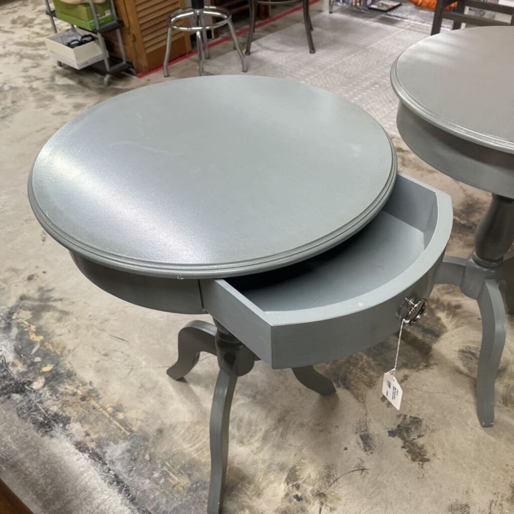 PAIR ROUND GRAY TABLES WITH DRAWER