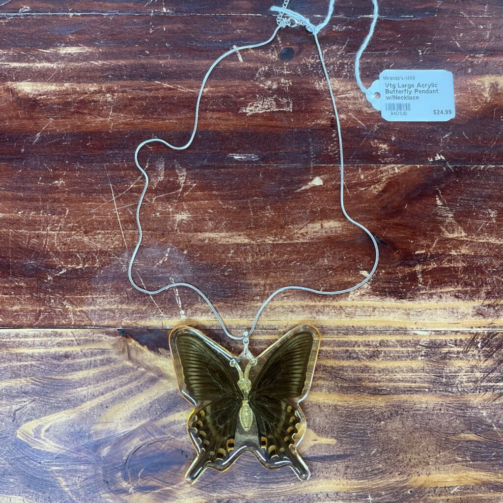 Vtg Large Acrylic Butterfly Pendant w/Sterling Silver Necklace
