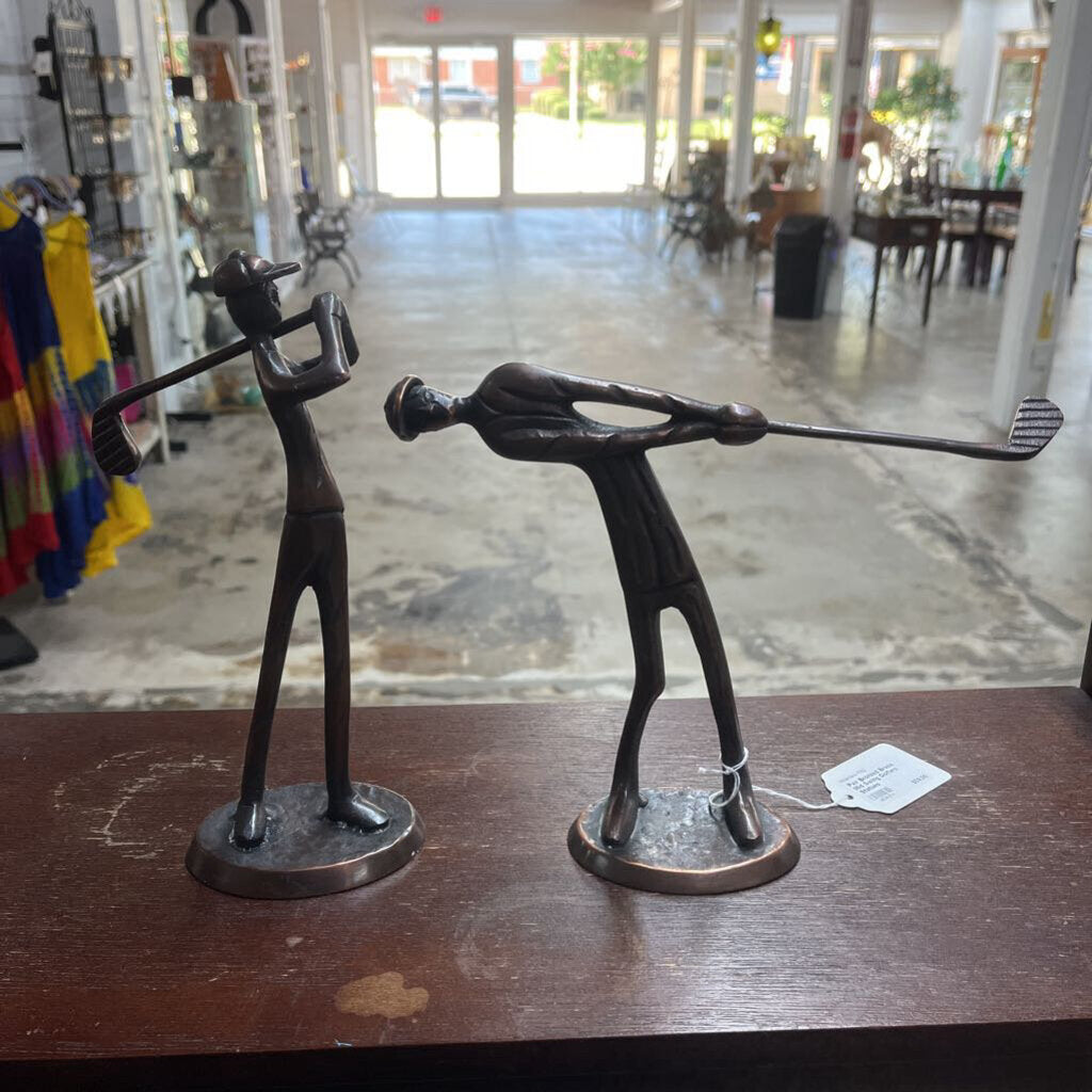 Pair Bronzed Brass Mid Swing Golfers Statues