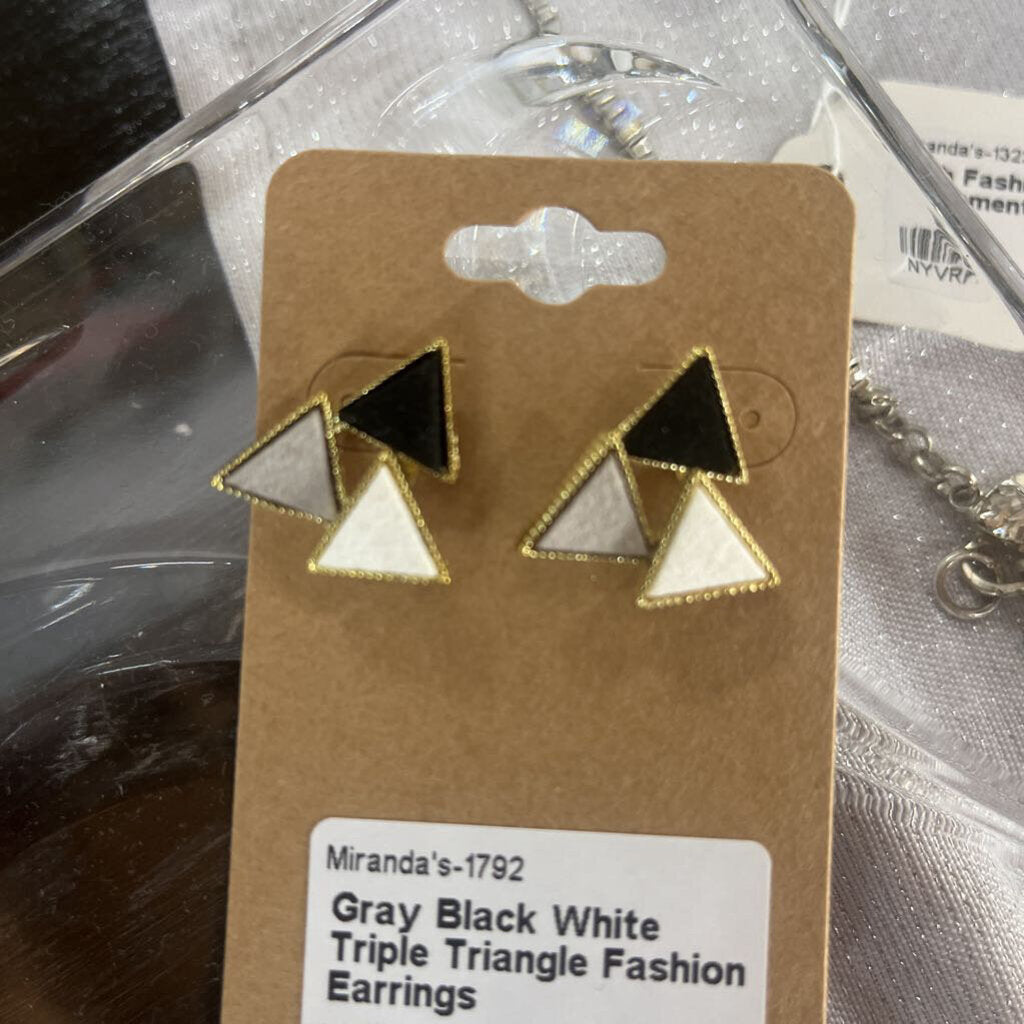 GRAY BLACK WHITE TRIPLE TRIANGLE FASHION EARRINGS