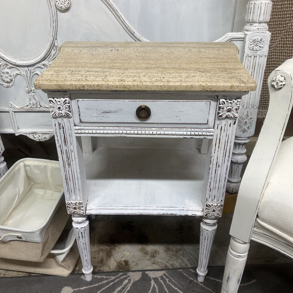 White Distressed Marble Top Nightstands/End Tables