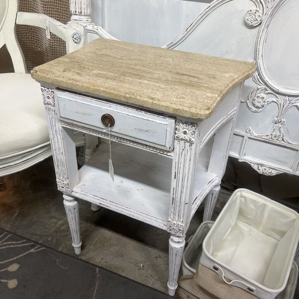 White Distressed Marble Top Nightstands/End Tables