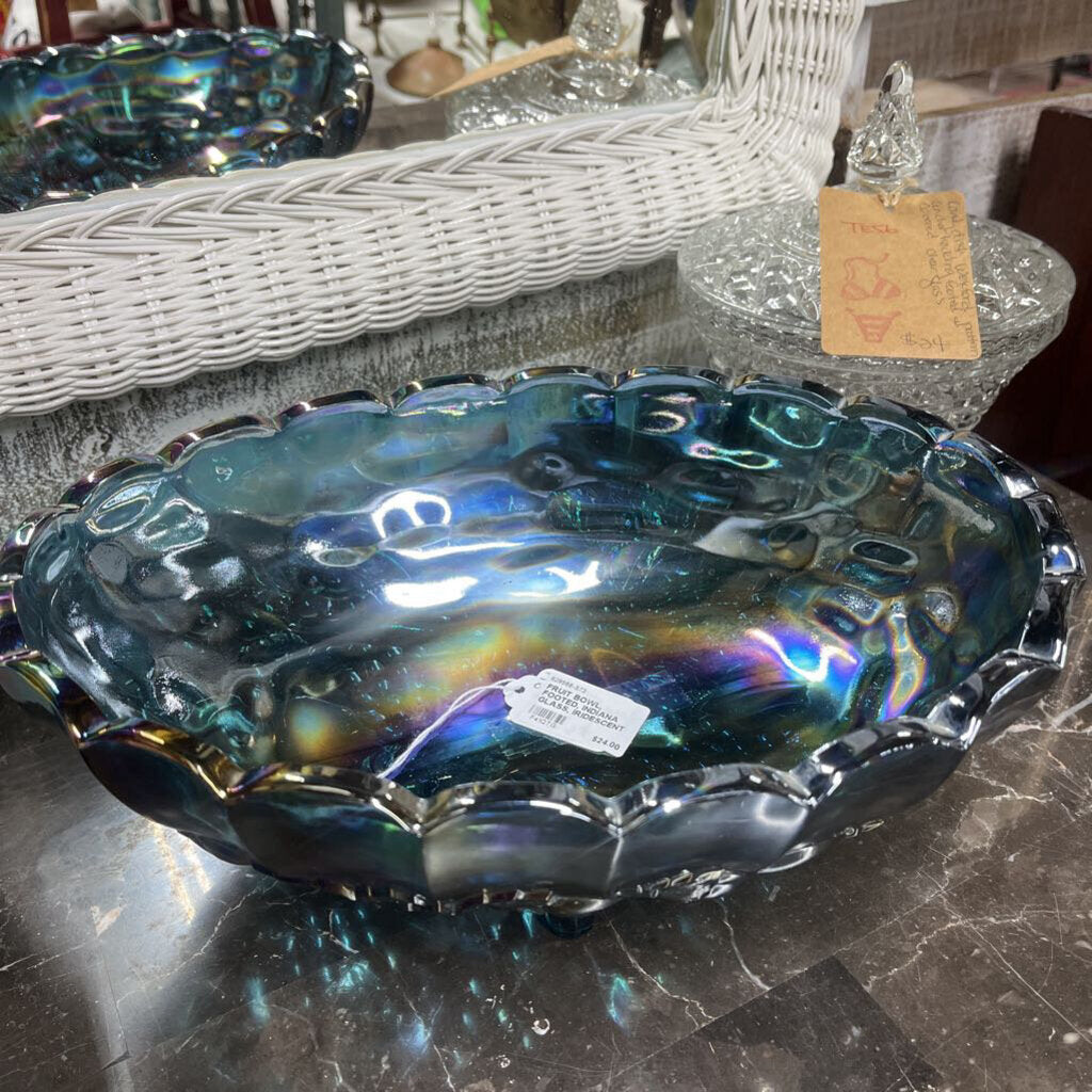 FRUIT BOWL, FOOTED, INDIANA GLASS, IRIDESCENT BLUE