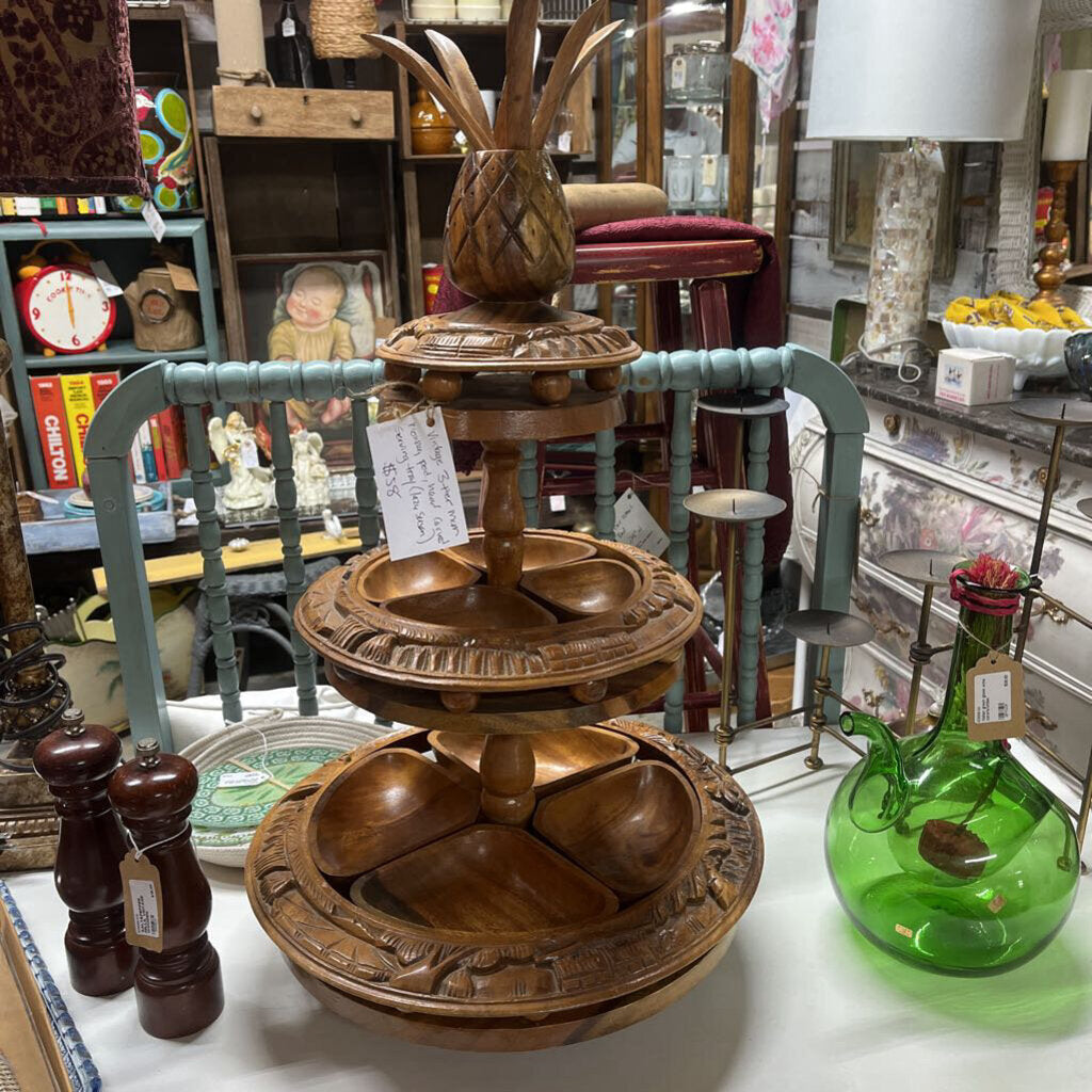 3 TIER VTG HAWAIIN MONKEY POD LAZY SUSAN SERVER