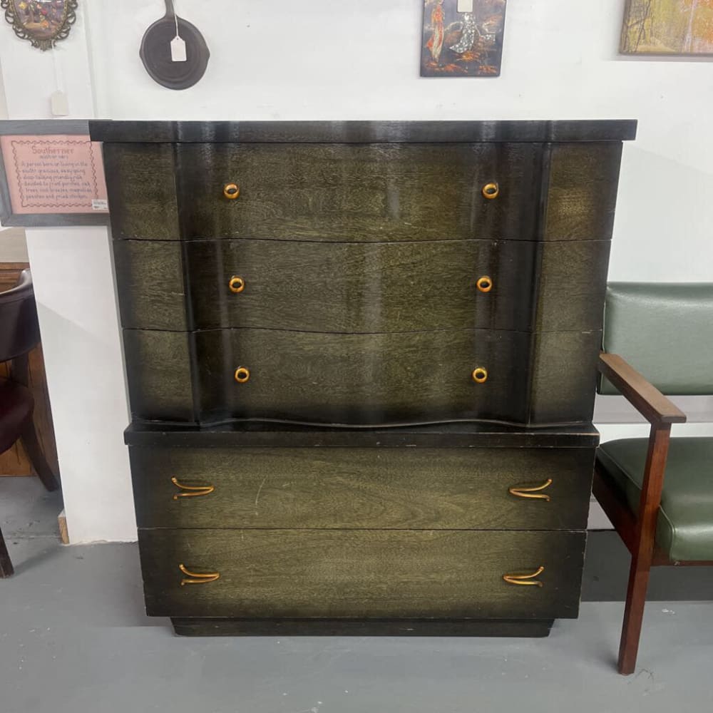 3PC MID CENTURY DRESSER MIRROR AND TALL CHEST