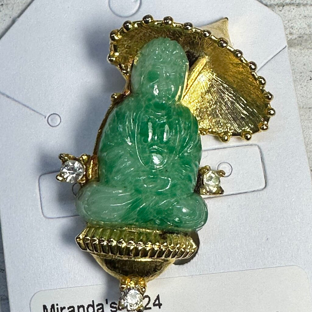 Vtg JoMaz Unsigned Peking Glass Buddha Brooch