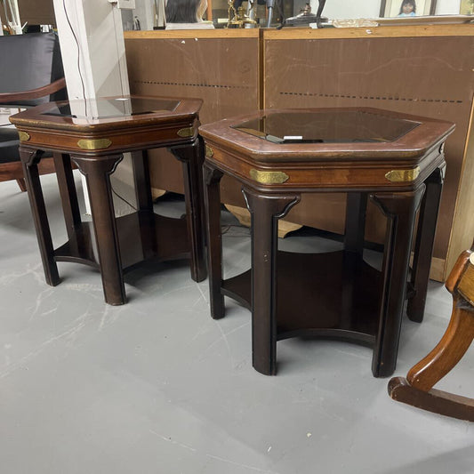 Pair Octagon Glass Brass End Tables