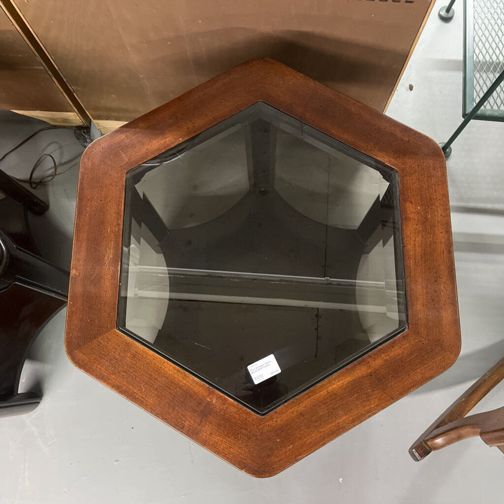 PAIR OCTAGON GLASS BRASS END TABLES