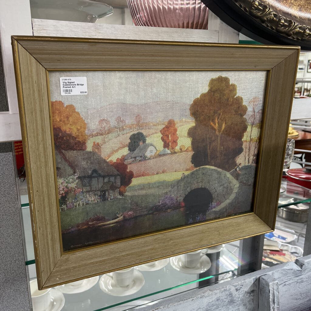 Vtg Signed Cobblestone Bridge Framed Art