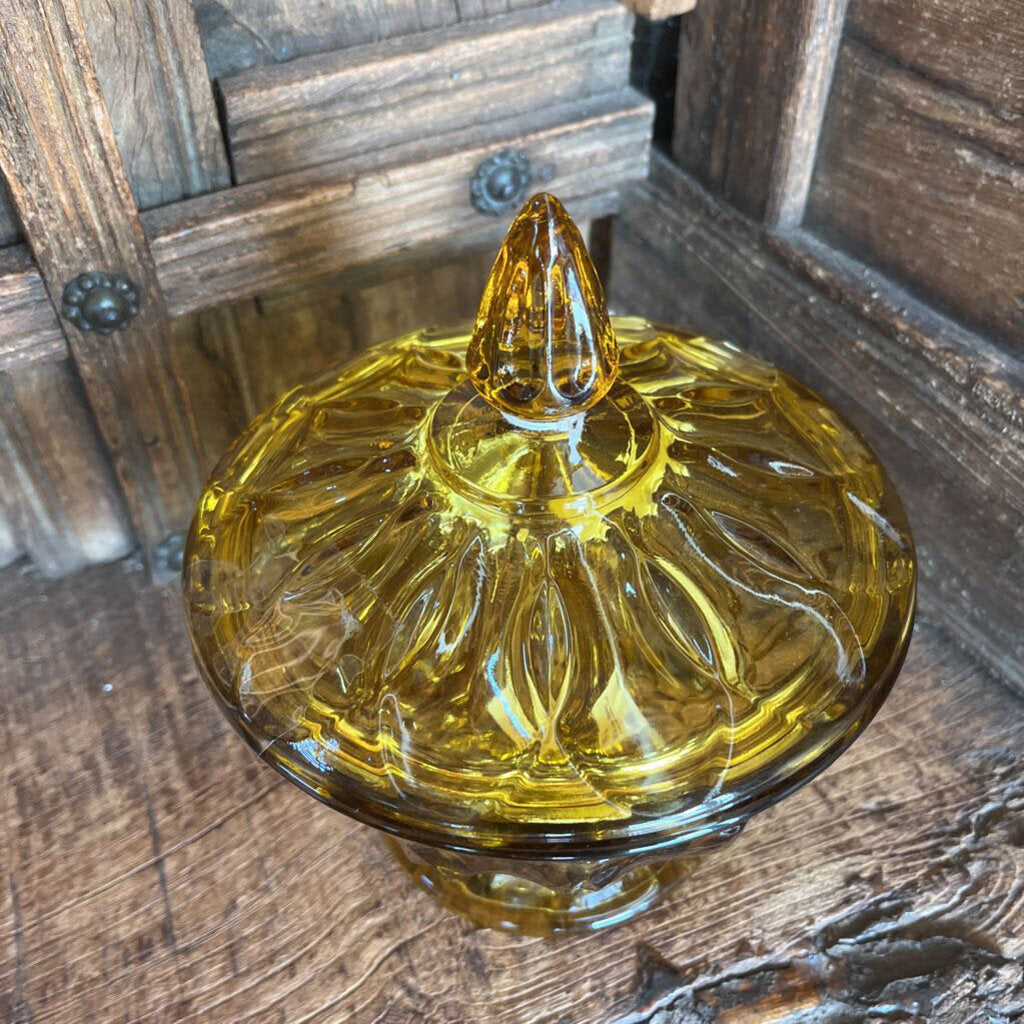 MCM AMBER GLASS CANDY DISH WITH LID