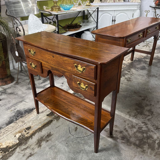 Oak Wood Three Drawer Console Bottom Shelf