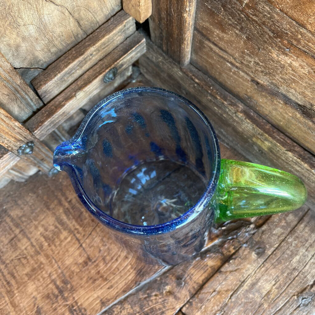 BLUE ART GLASS PITCHER WITH GREEN HANDLE