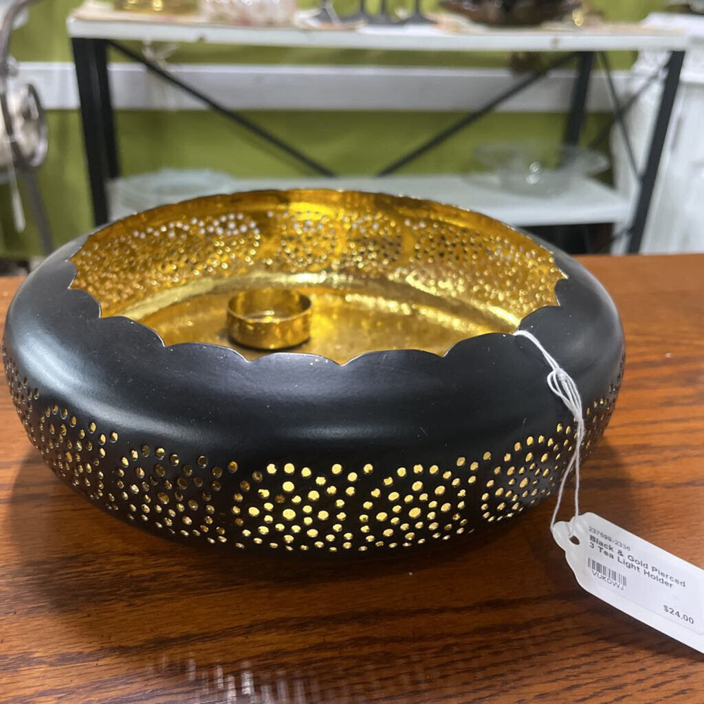 Black & Gold Pierced 3 Tea Light Holder