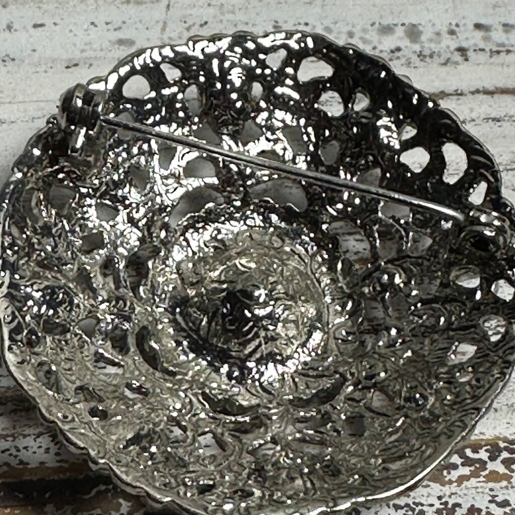 Vtg Silvertone Filigree Brooch Black Stones